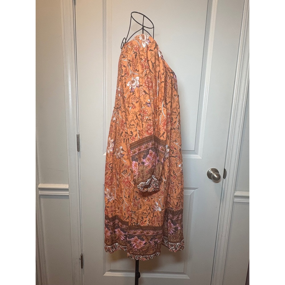 Bluetime Womens Boho Orange Floral Paisley Viscose Long Sleeve Midi Dress Medium - Picture 6 of 8